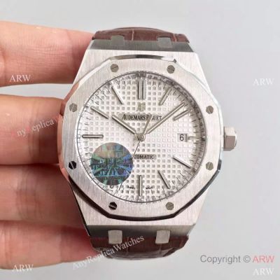 Swiss Copy Audemars Piguet JF Factory Watch Silver Face Brown Leather Band